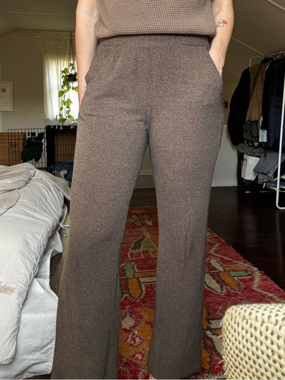 Nation LTD Ribbed Wide-Leg Knit Pants - Brown